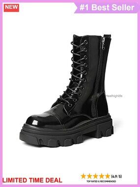 Women's Mid Calf Combat Boots Faux Leather Lace Up Low Heel